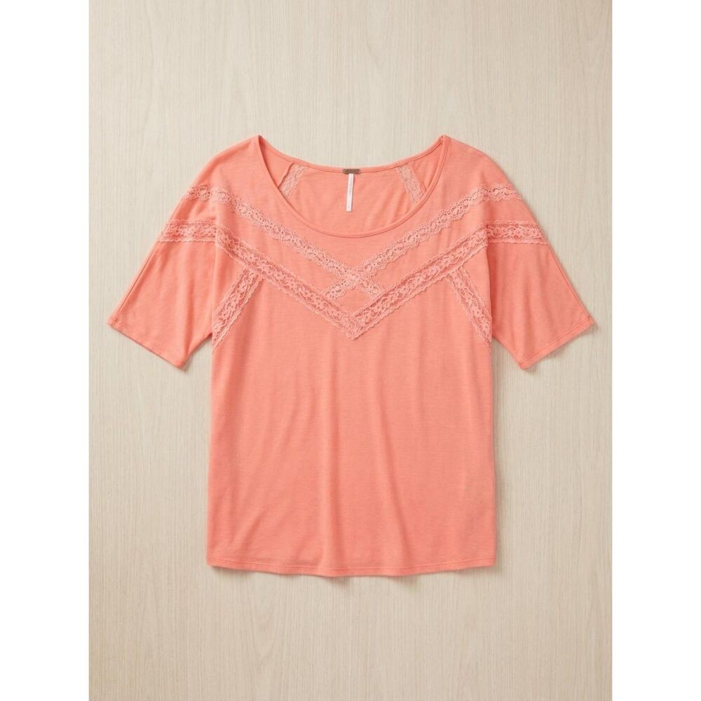Free People Women's S Lace Inlay Scoop Neck Top - Coral